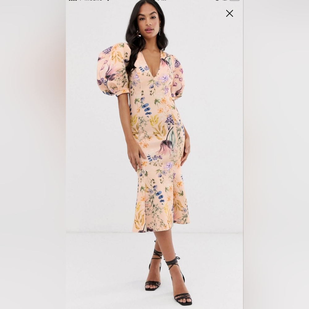 ASOS DESIGN botanical floral bubble sleeve seamed midi dress